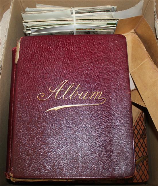 Two autograph albums with quotations, drawings etc (one Hyde Perrott?), Victorian photograph album (a.f) & sundry loose postcards